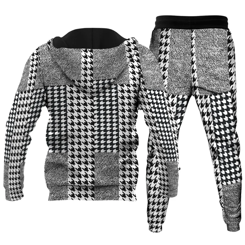 Men's Sets Print Hooded Pullover +Patchwork Pants Sport Suits Casual Sweatshirts Tracksuit Sportswear Fitness Clothing