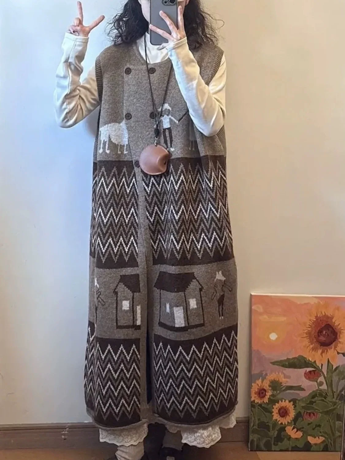 Японский винтажный вязаный свитер средней длины жилет юбка женский новый