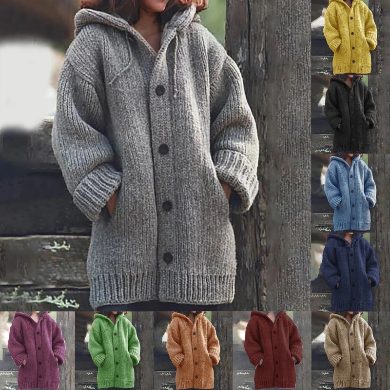 

Autumn Ladies Sweater Solid Color Cardigan With Hood Knitted Single Breasted Drawstring Casual Sweater