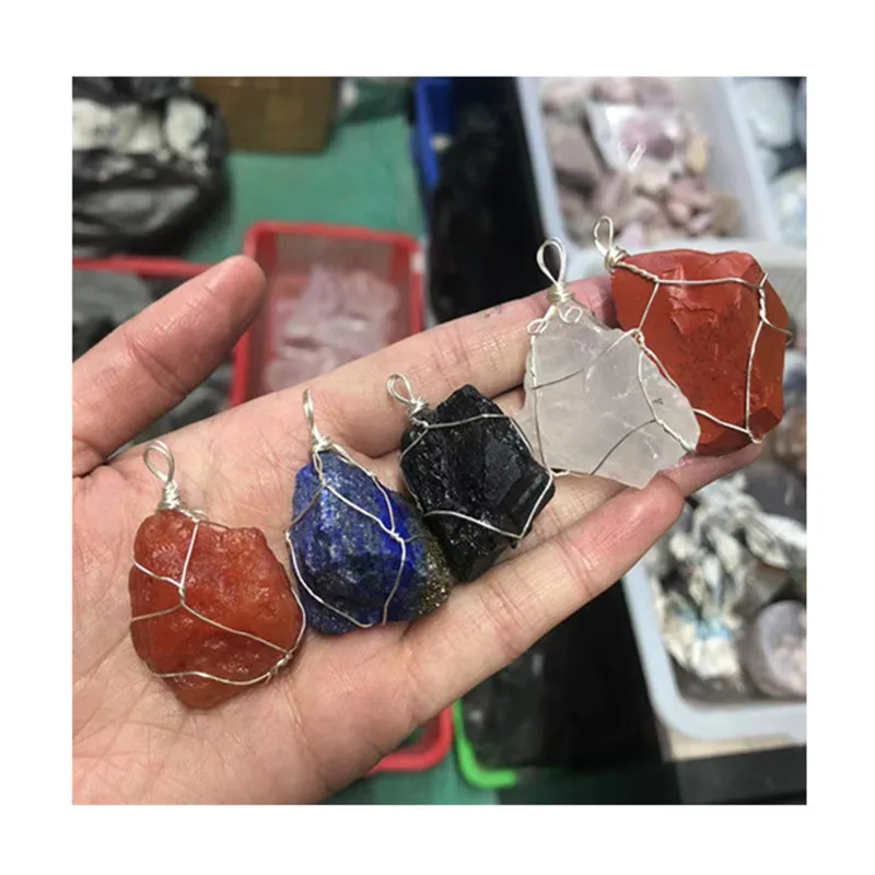 

Natural Hand Made Silver Wire Wrapped Rough Crystal Pendant Healing Stones For Gifts