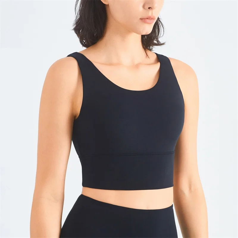 Solid Color Fitness Bra Women Sports Tank Tight Gym Yoga Vest Crop Top Ribbed Square Neck High Collar To Prevent Glare Chest Pad