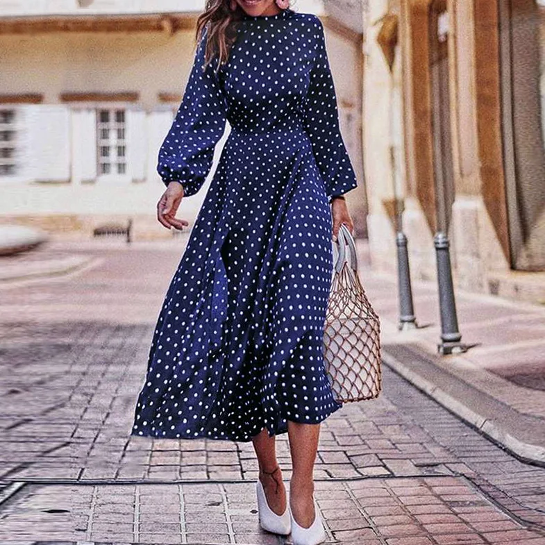 

Women Vintage Polka Dot Pirnt Long Sleeves Autumn Maxi Dress