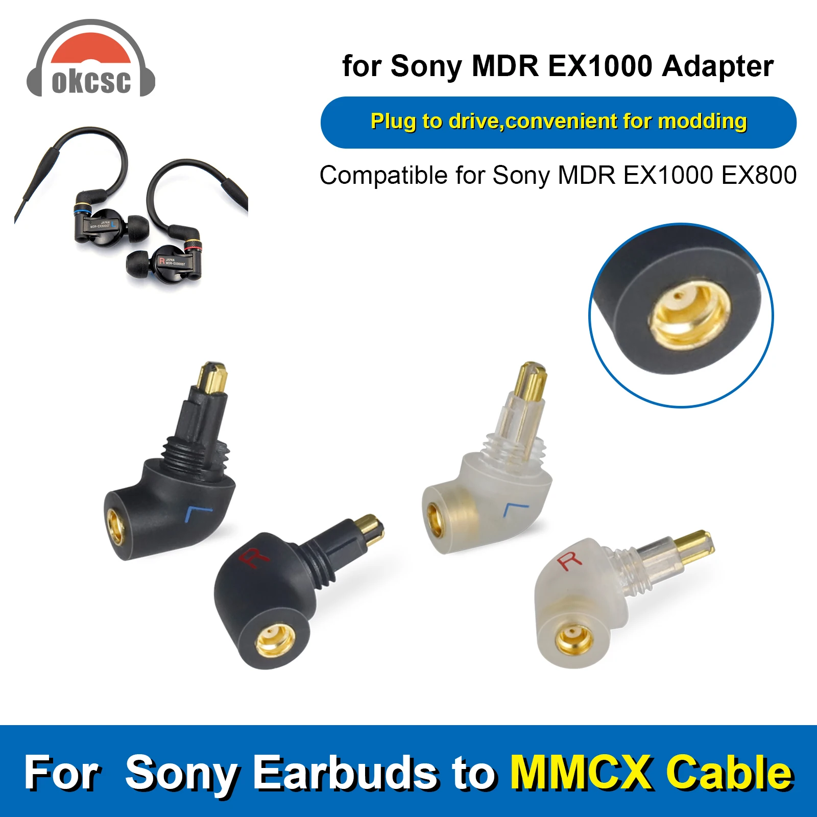 OKCSC MMCX Cable Connected to for Sony MDR EX1000 EX800 MDR7550 EX600 Earbuds Connector in Curved Shape Audio Jack Adapter