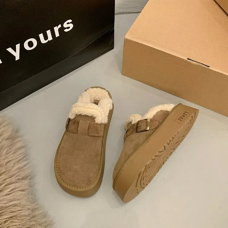 Женская обувь 2024 женские тапочки с закрытым носком меховые шлепанцы на платформе