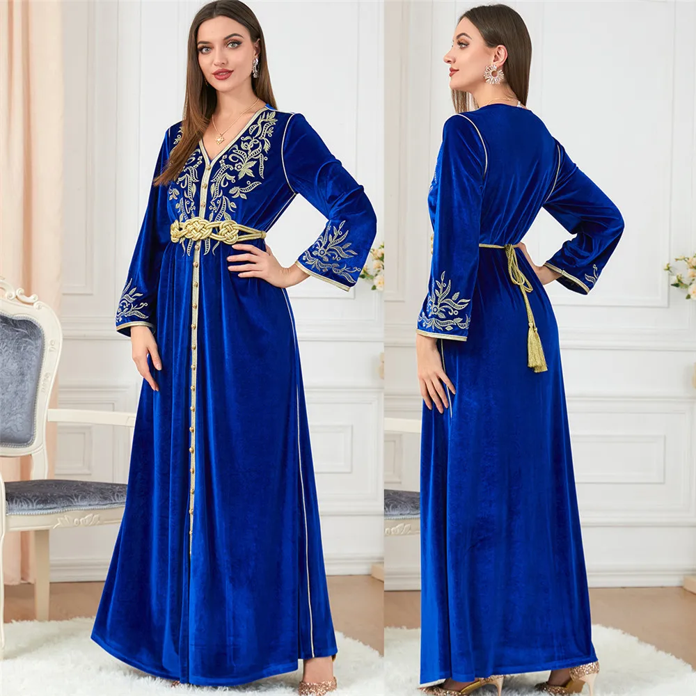 

Blue Abaya Winter Kaftan Women Muslim Belted Maxi Dress Warm Jilbab Embroidery Robe Gulf Jalabiya Femme Musulman Longue Vestidos