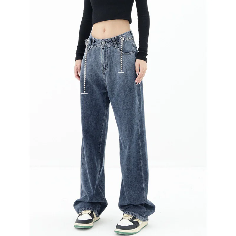 EH·MD® Dark Gray Gradient Women's Jeans Loose High Waist Stretch Slim High Street Hip Pants Metal Chain Belt Pure In Season 2023