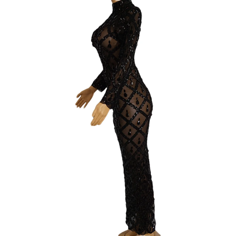 Платье с полным обхватом из черных камней, прозрачными длинными рукавами и высоким воротником, для вечерних мероприятий и фестивалей, с камнями-страсами.