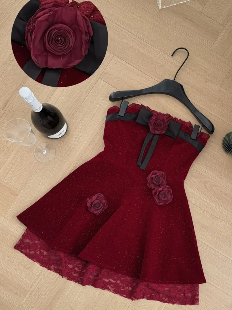 Y2K милое мини-платье с цветочным принтом для женщин элегантное кружевное