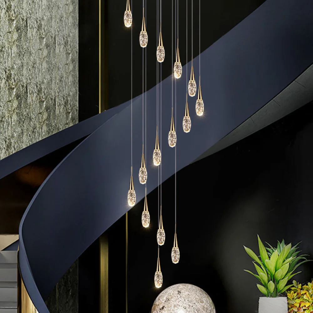 

Duplex Staircase Chandelier Modern Light Luxury Water Drop Lamp Villa Apartment Hollow Rotating Crystal Long Line Pendant Light