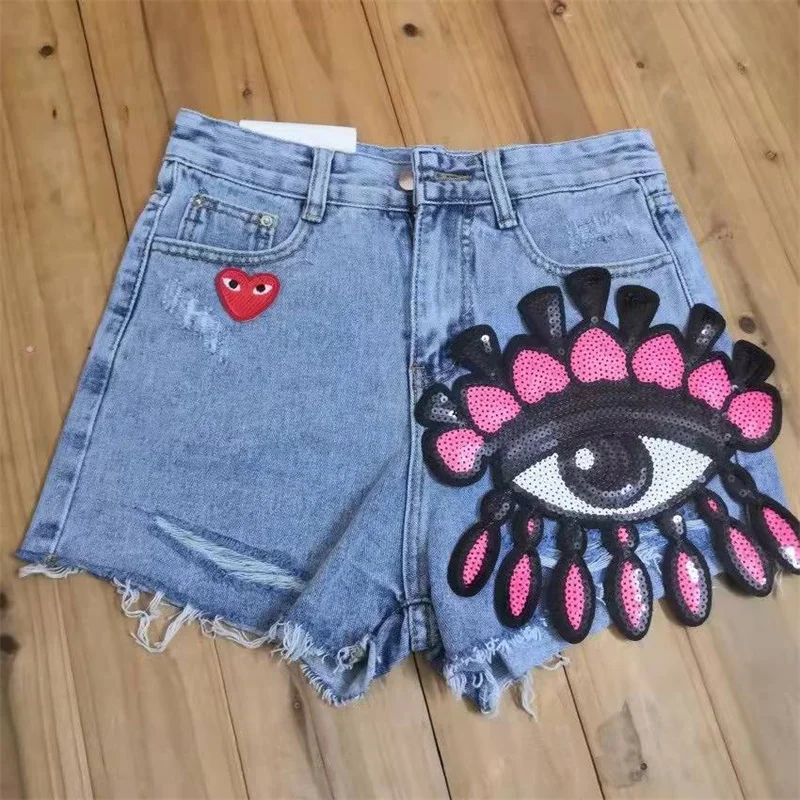 2022 Summer Women Cute 3D Cartoon Eyes Patchwork Tassel Denim Shorts Female Casual Streetwear Sequins Short Jeans Trousers