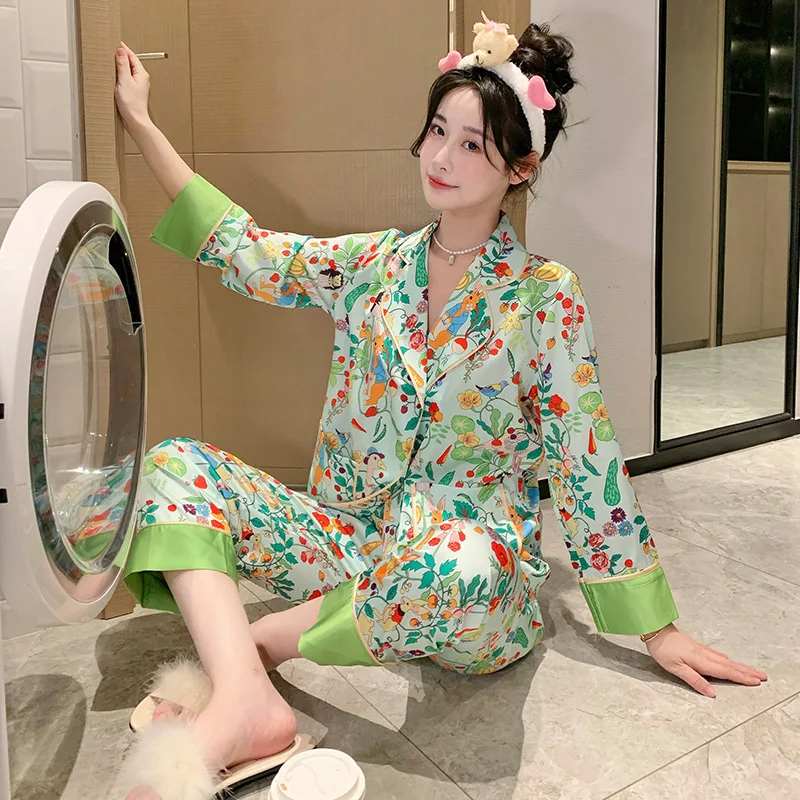 

Женская шелковая пижама, тонкий кардиган с длинным рукавом, модный Свободный Повседневный домашний костюм с цветочным принтом животных, весна-лето