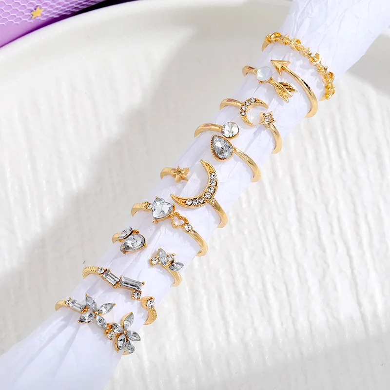 Bohemian Moon Star Heart Ring Set for Women Crystal Flower Leaf Butterfly Geometric Arrow Vintage Jewelry Finger Friendship Gift images - 6