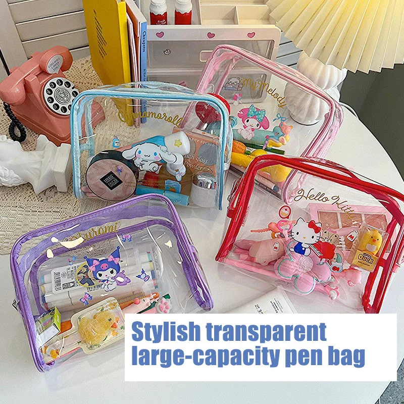 

Kawaii Sanrio Anime Transparent Stationery Bag Cinnamoroll Cute Multifunctional Wash Bag Cosmetic Bag Creative Children Gifts