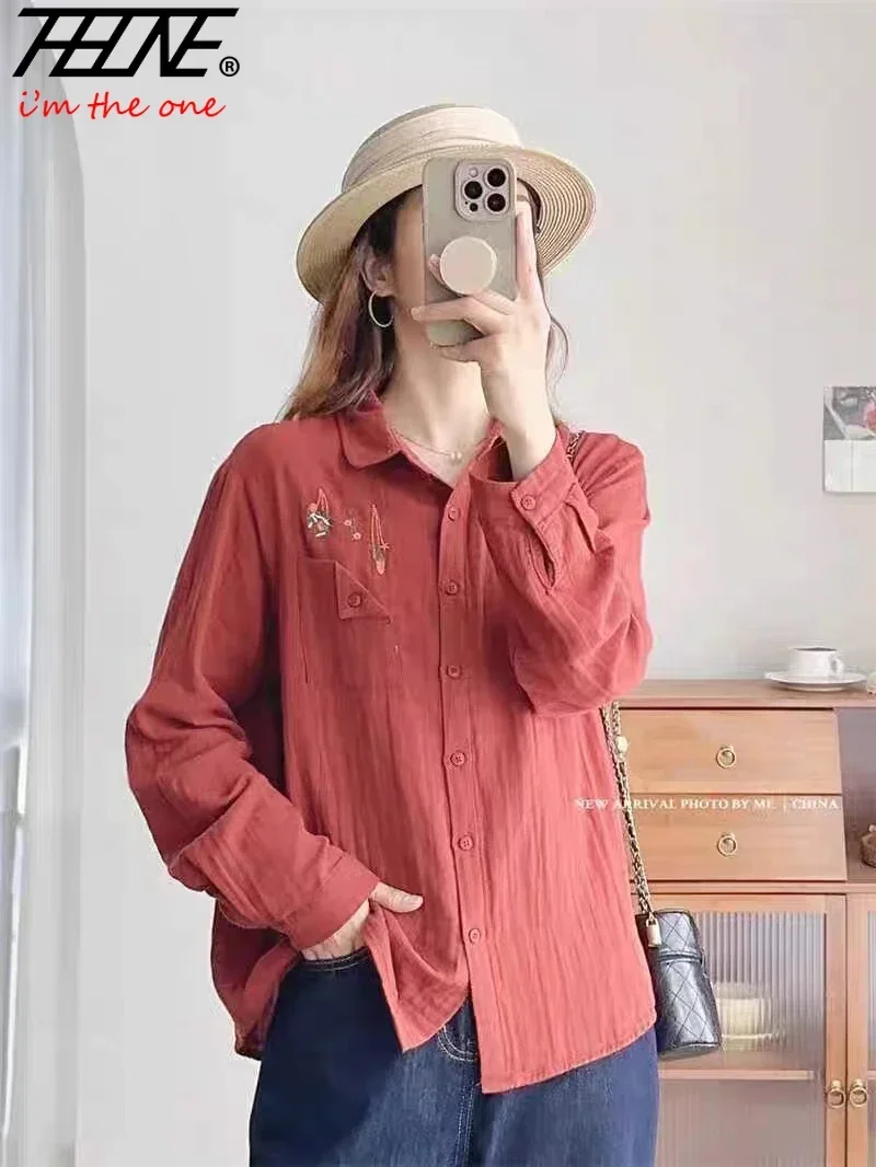 Женская блузка-рубашка с длинным рукавом и вышивкой