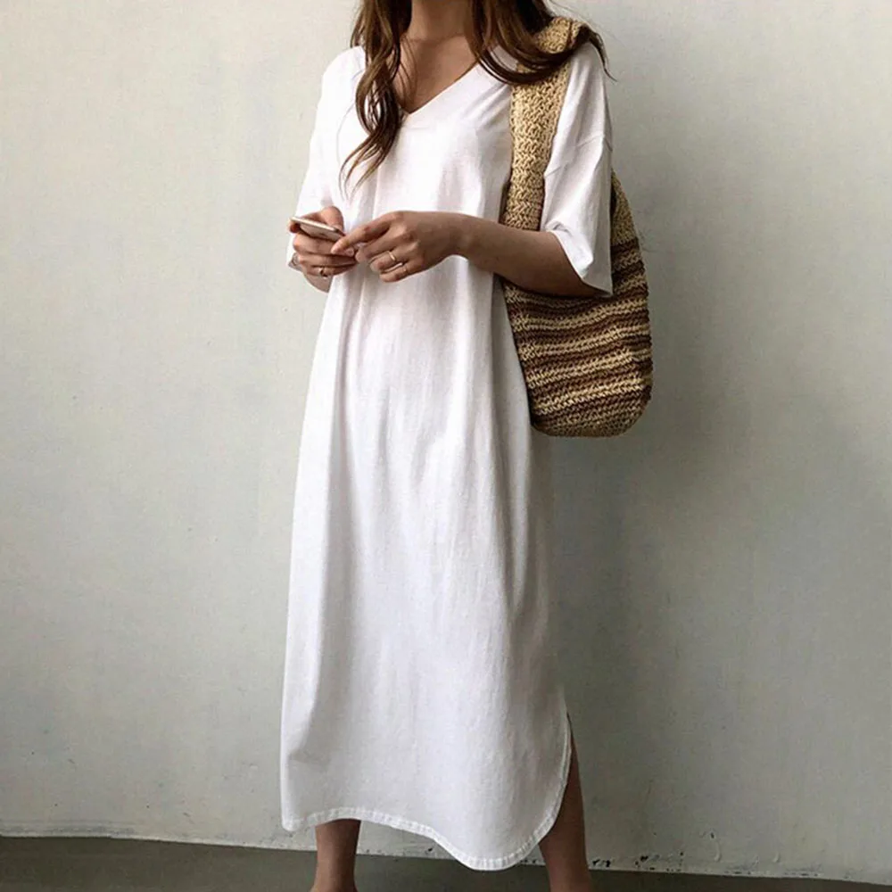 

Women Summer Casual T Shirt Dress Korea Fashion Streetwear V-neck Loose White Black Long Dress Style Minimalist Maxi Dresses