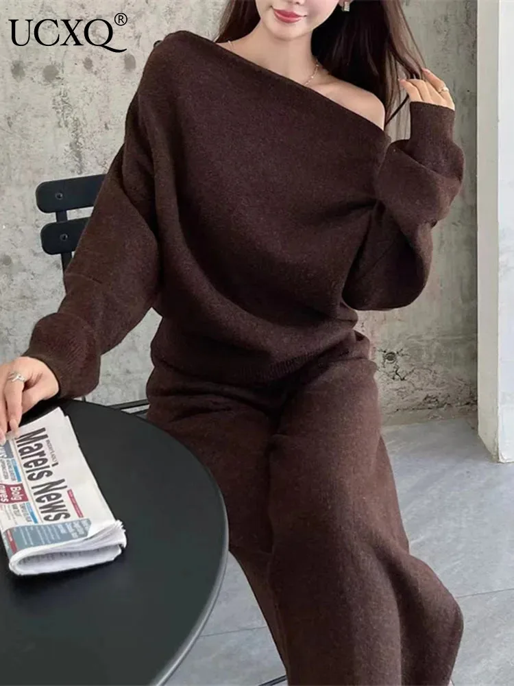 UCXQ Элегантные женские комплекты темпераментный трикотаж с вырезом на шее и