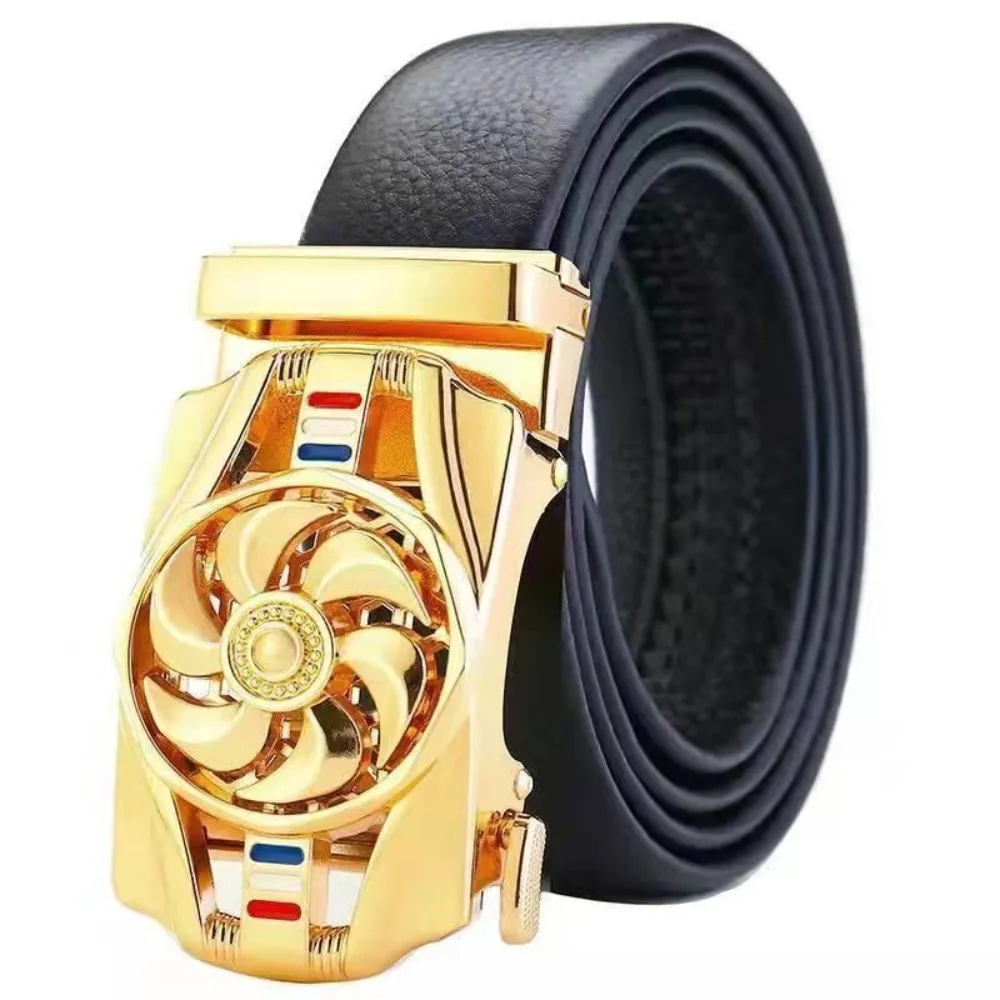 

Men Adjustable Business Vintage Pants Leather Bands "Luck Is On The Turn" Belt Ratchet Belts Rotatable Buckle Waistband