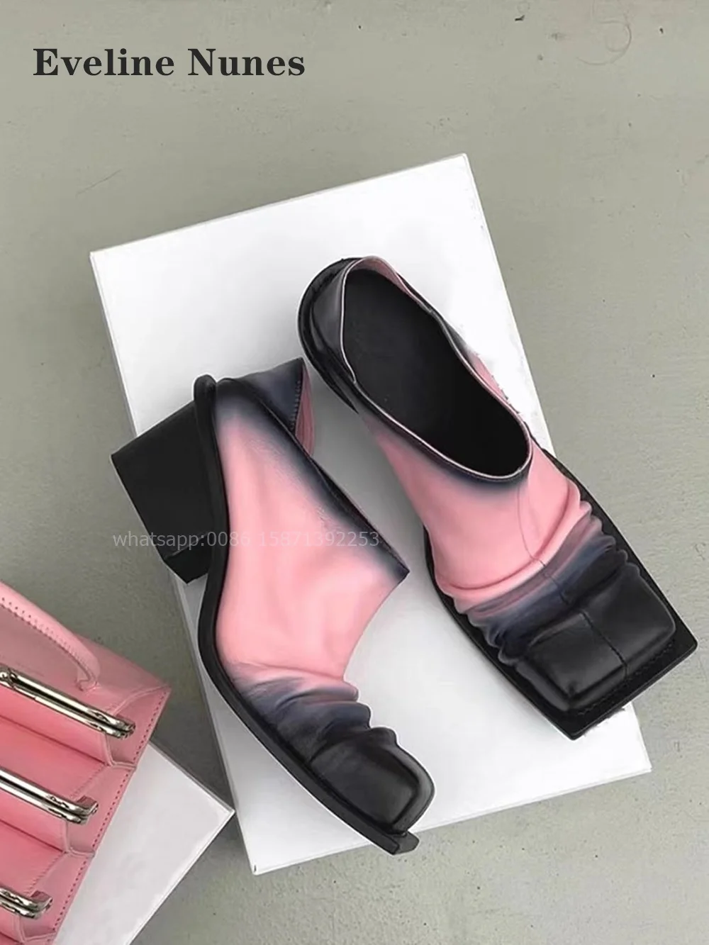 Туфли-лодочки женские на квадратном каблуке плиссированные градиентные без