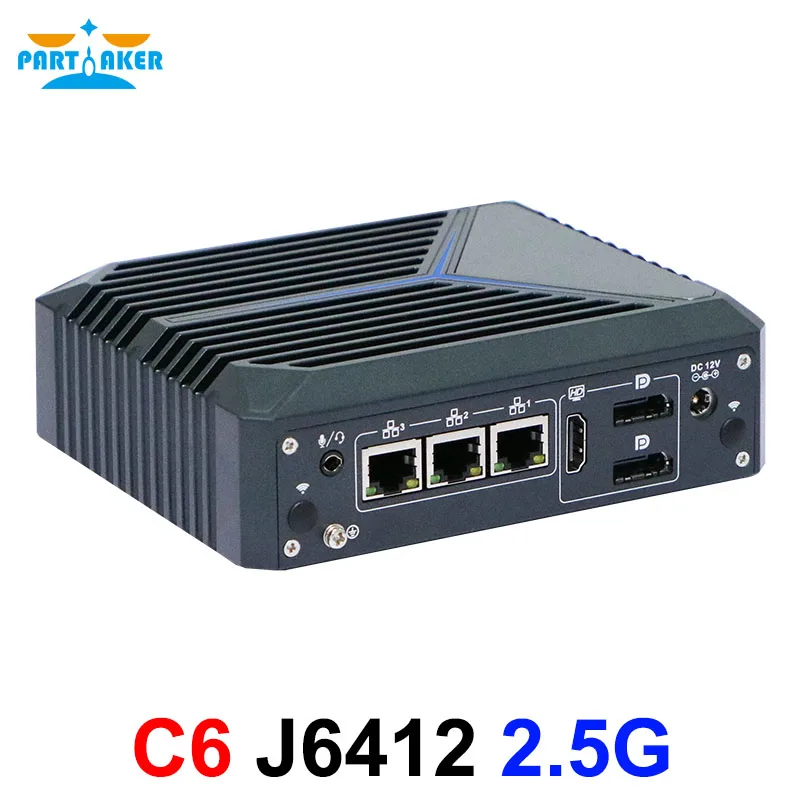 Fanless Mini PC 3 Intel i225-V 2.5G Lan J6412 1xHD 2xDP Switch Soft Router VPN Server ESXI Rugged Firewall Appliance