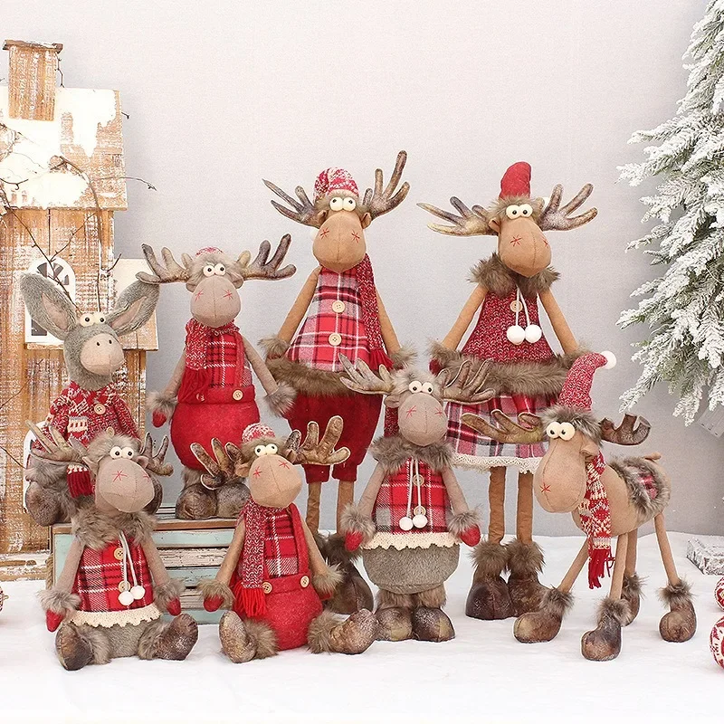 

New Year Decoration Christmas Decorations Red Fabric Retractable Standing 35cm Sitting Elk Crafts Home Decor Holiday Scene