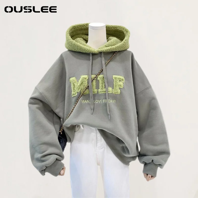 

OUSLEE Fashion Patchwork Oversize Sweatshirt Women Winter Casual Loose Cotton Thick Letter Long Sleeve Hoodies Female Streetwear