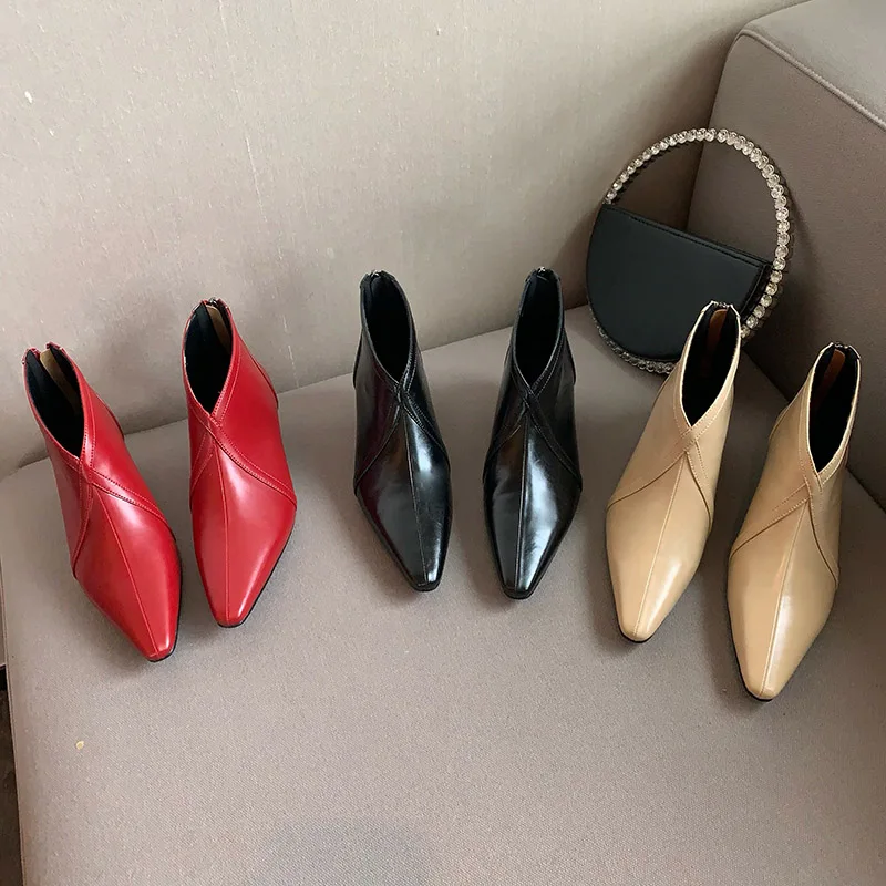 

French Pointed Toe Retro Simplicity V mouth Ankle Boots 2022 Autumn New Thin Short Boots Black High Heel Lidies Fashion Boots