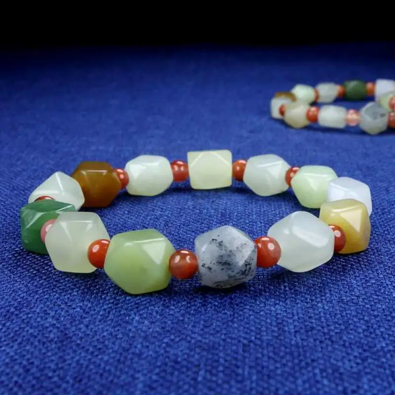 

Natural Colorful Hetian Jade Bracelet Men Women Fine Jewelry Genuine Chinese Nephrite Jades Faceted Bead Elastic Bracelet Bangle