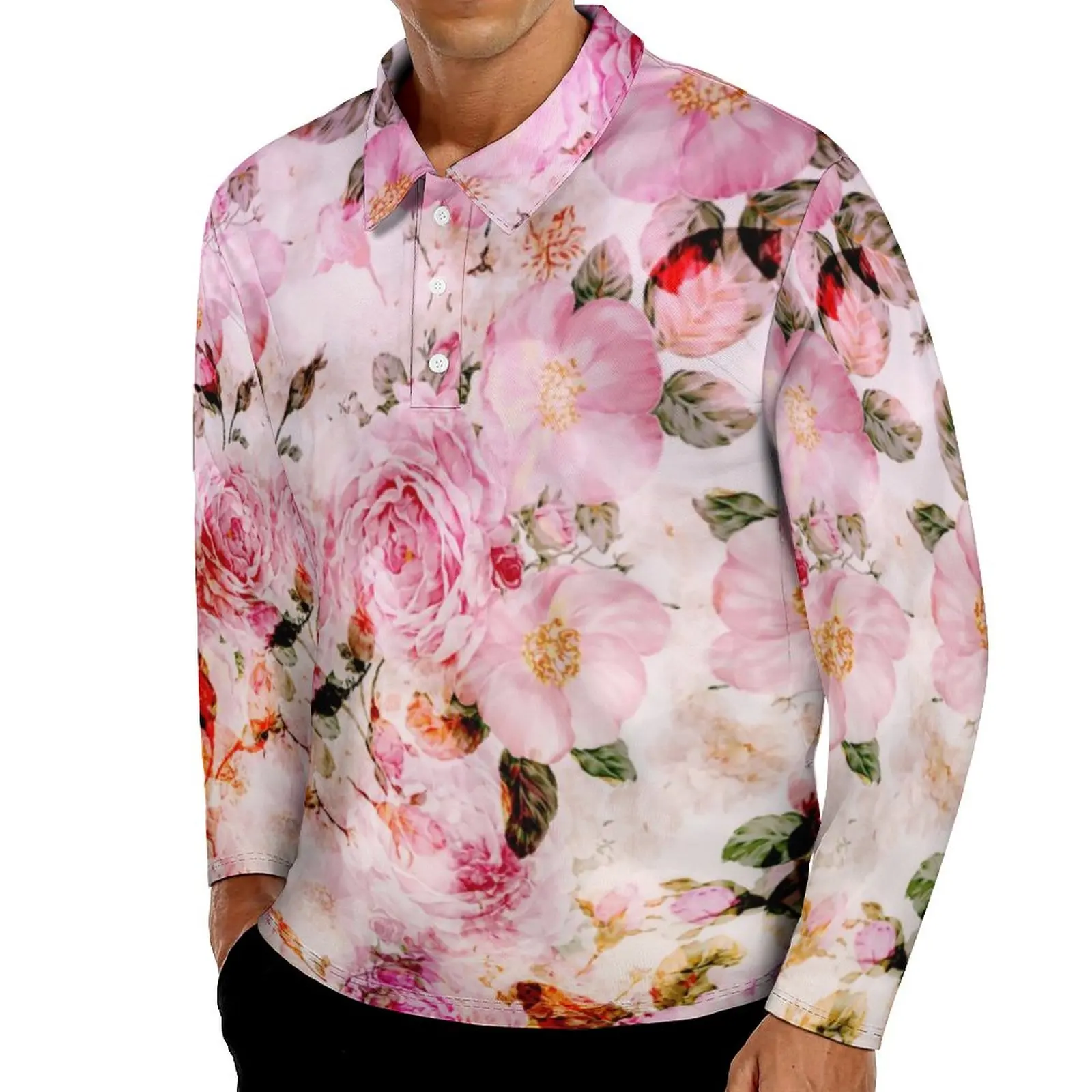 

Повседневные футболки с акварельными розами, мужские розовые рубашки поло с длинным рукавом и цветочным принтом, винтажная рубашка с отлож...