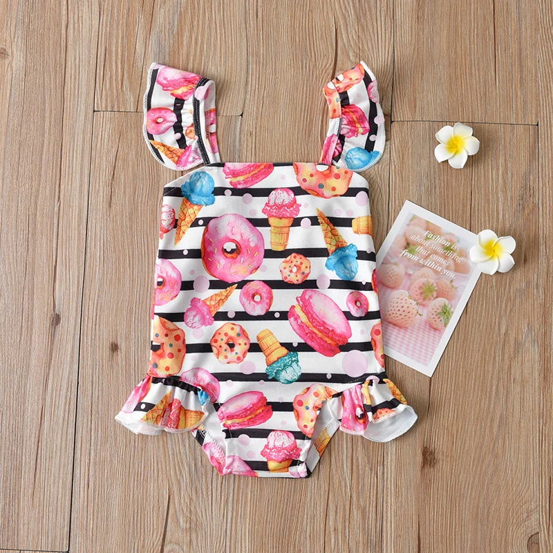 

Купальники для маленьких девочек, летние Мультяшные милые полосатые купальники с принтом пончиков, с рюшами, рукавами летучая мышь, открыто...