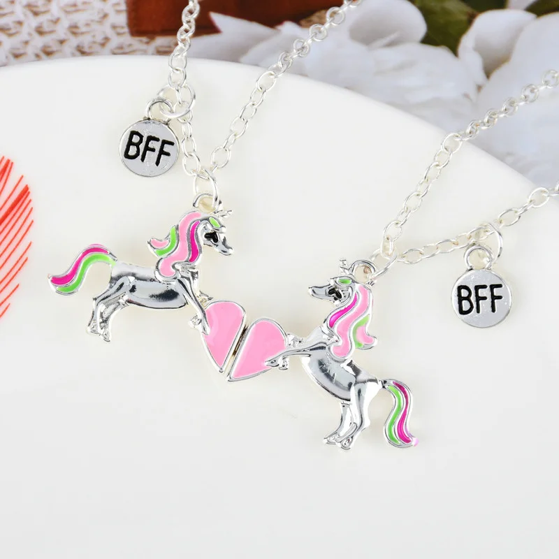 

2PCS/Set Cute Unicorn Stitching Heart Broken Best Friends Necklace Pendant Chain BFF Friendship Jewelry Gifts For Kids