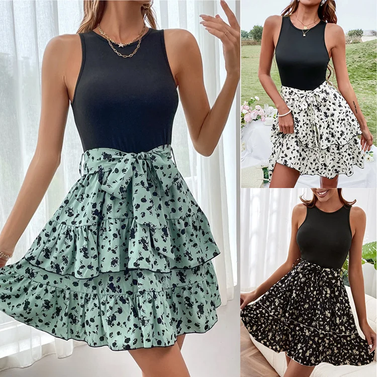 

2022 European and American summer new sleeveless patchwork printed vest Ruffle Dress