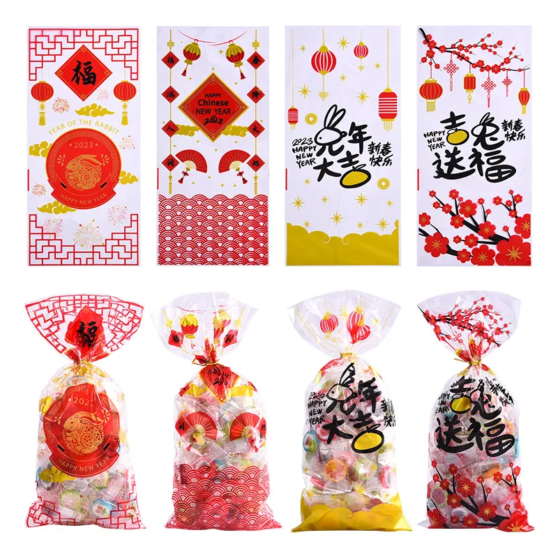 

25/50pcs Chinese Rabbit Year Red Candy Bags Biscuit Cookies Snacks Packaging Decoration 2023 Lunar New Year Plastic Gift Bags