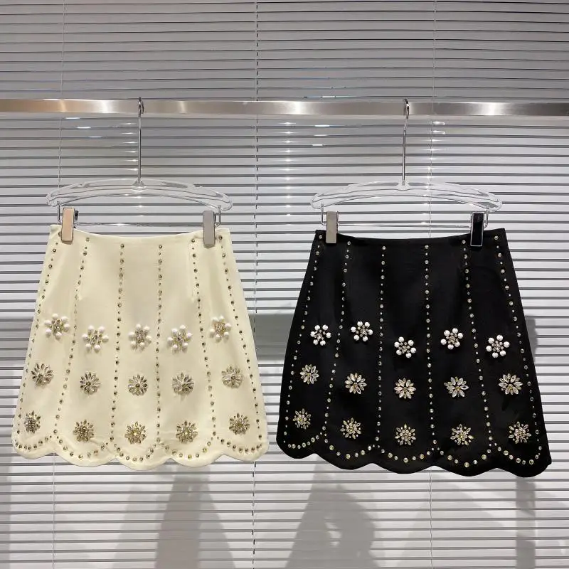 

2023 Y2K Chic Handmade 3D Rhinestone Flower Beaded A- Line Mini Skirt Midi Waist Black Hippie Skirts 2023 Summer Fashion Women
