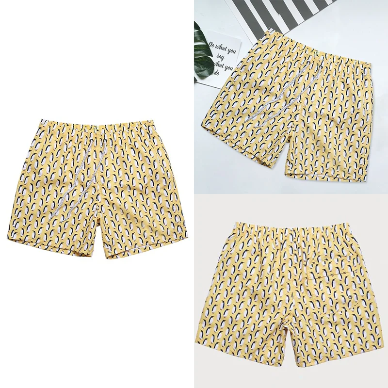 

NEW-Men's Quick-Drying Loose 4-Point Shorts Yellow Penguin Digital Printed Mesh Lined Hot Spring Shorts Yellow