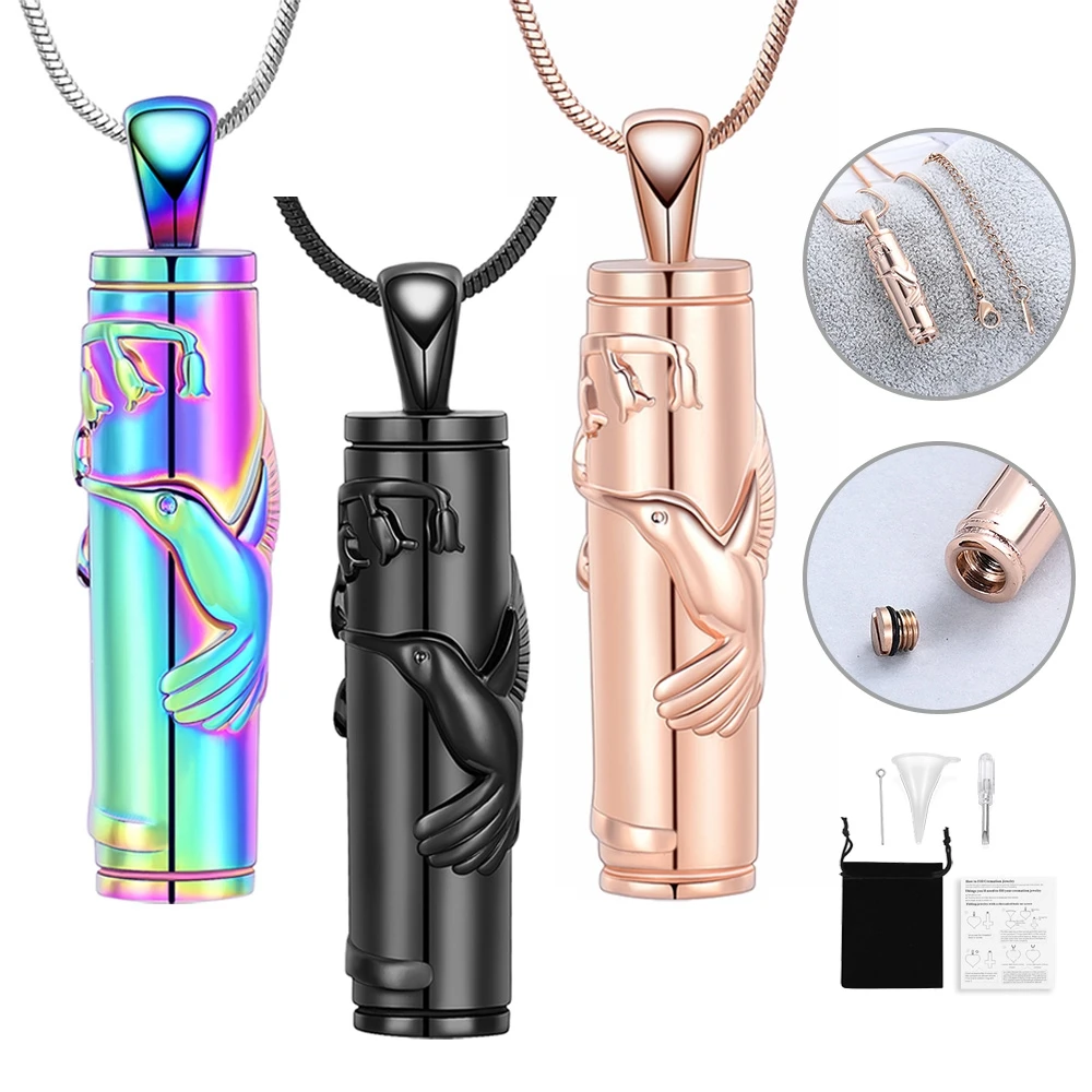 

Hummingbird Cylinder Memorial Pendant Urn Necklace For Ashes For Women Men Stainless Steel Anniversary Gift Cremation Jewelry