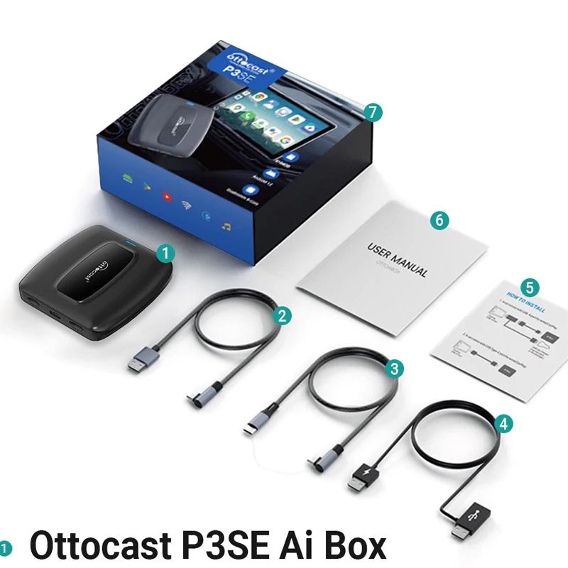

OTTOCAST Express P3 SE CarPlay AI Box Беспроводной адаптер CarPlay Android Auto 4 ГБ + 64 ГБ видеоприставка YouTube/Netflix/Tiktok для Toyota VW Benz