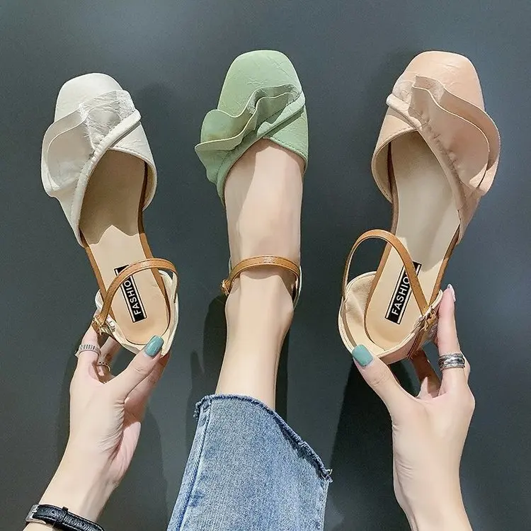 

New Ladies Fashion Sexy High Heels Transparent Crystal Heel with Baotou Word Buckle Ladies Shoes Wedges Shoes