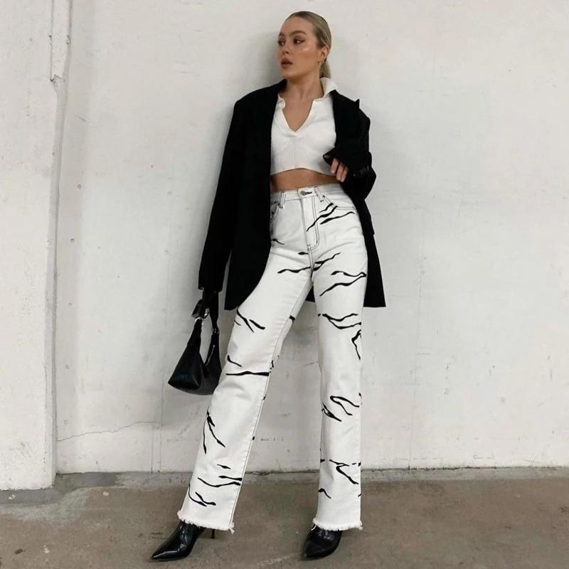 

2021 Irregular Stripe Printed Pocket Botton Zipper Printed Temperament Thin Overalls Summer Women's Streetwear Pants Fashion