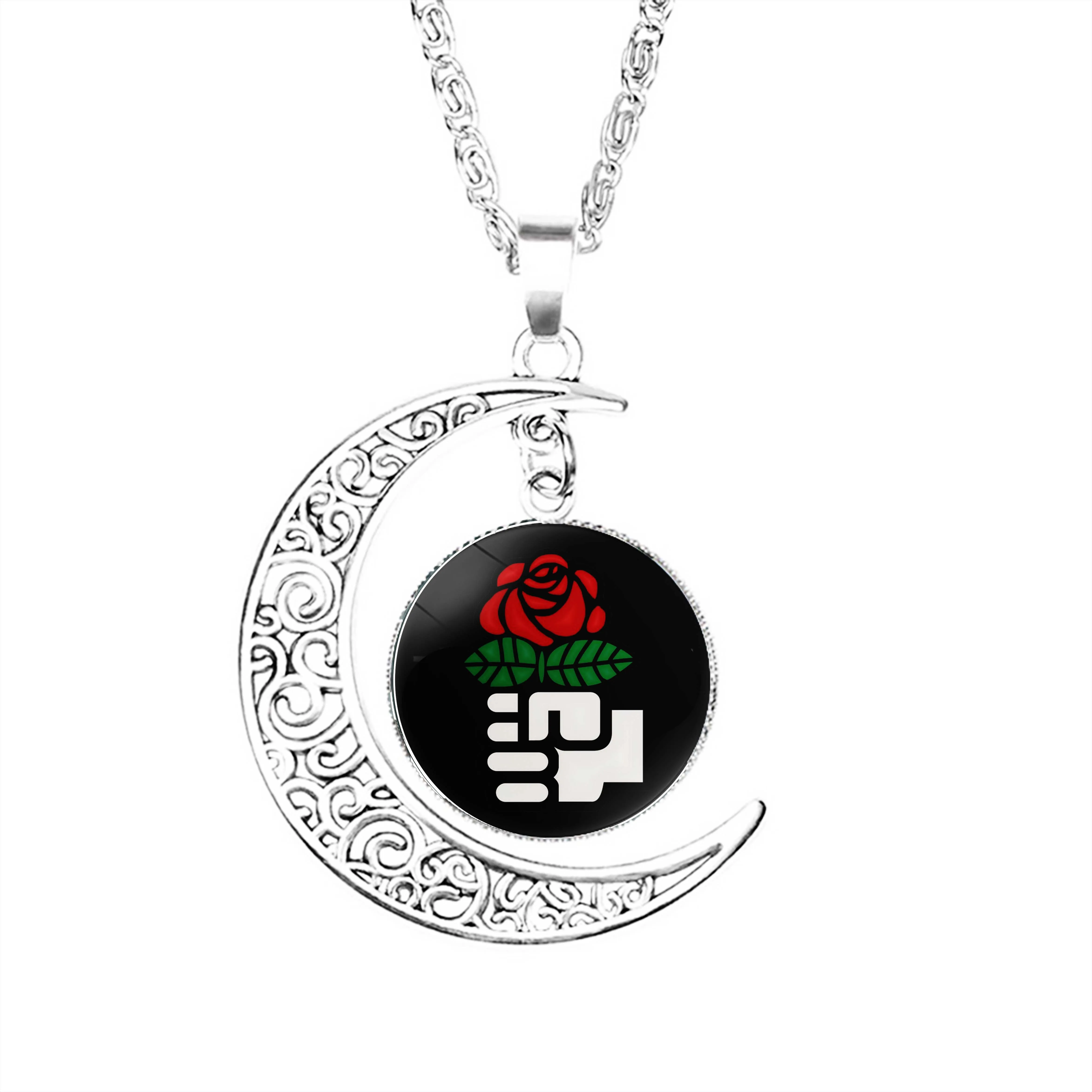 Fist And Rose Right  Moon Necklace Stainless Steel Pendant Boy Gifts Crescent Accessories Party Chain Girls Charm Jewelry Lady