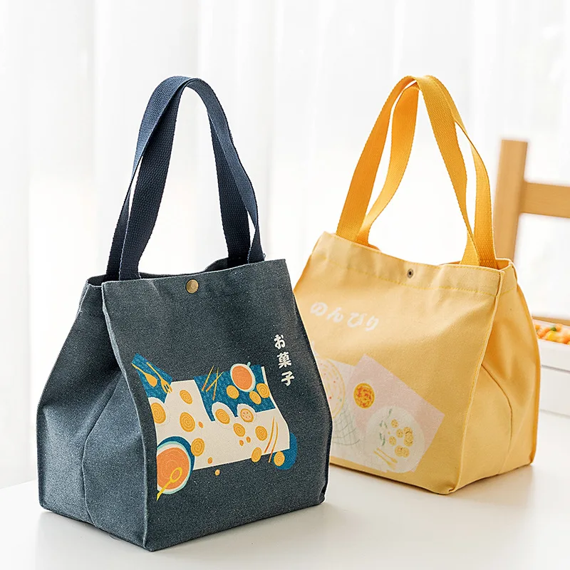 For Women Kids Lunch Box Picnic Travel Cartoon Drawstring Button Portable Canvas Handbag Camping