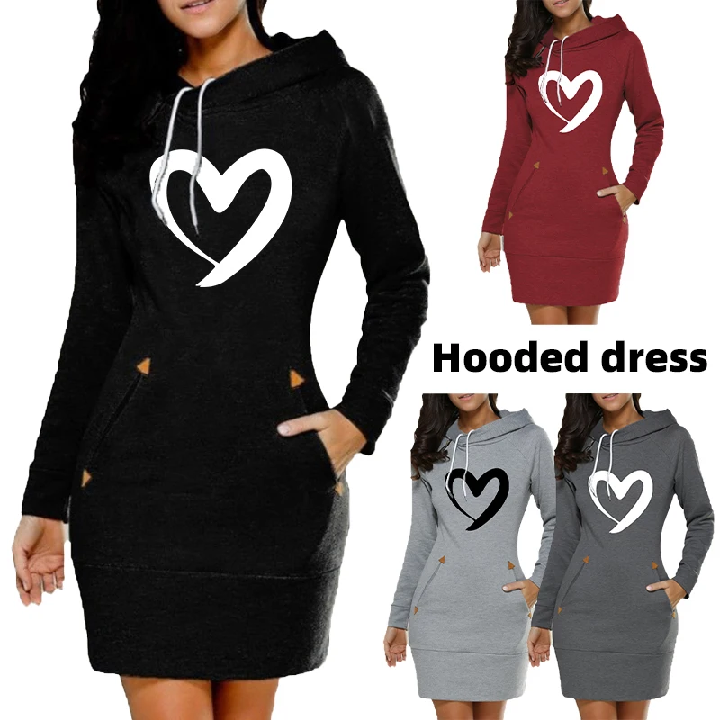 

New Fashion Women Long Sleeve Hoodie Dress with Pockets Autumn and Winter Solid Color Slim Fit Pullover Hoodies Sweatshirt Dress