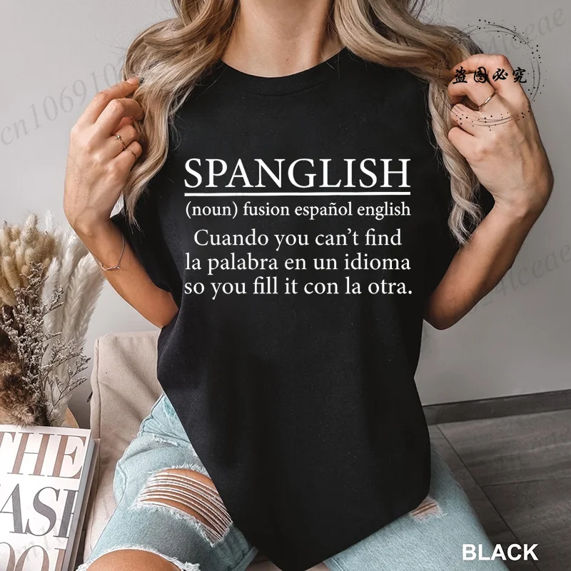 Фото Y2k Spanglish Definition Print Мужчины Женщины Летняя футболка с круглым вырезом Забавные топы Y2K Футболки женские Мужские футболки 90-х Модная повседневная одежда №1