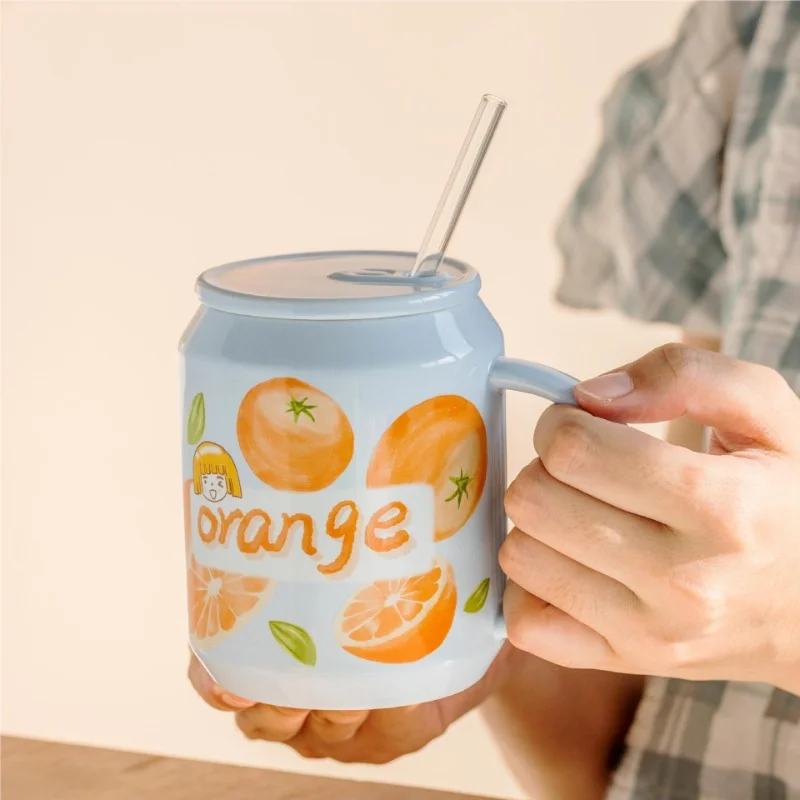 

450ml Creative Fruit Mug with Lid and Straw Flower Teacup Couple Ceramic Cup Teacup