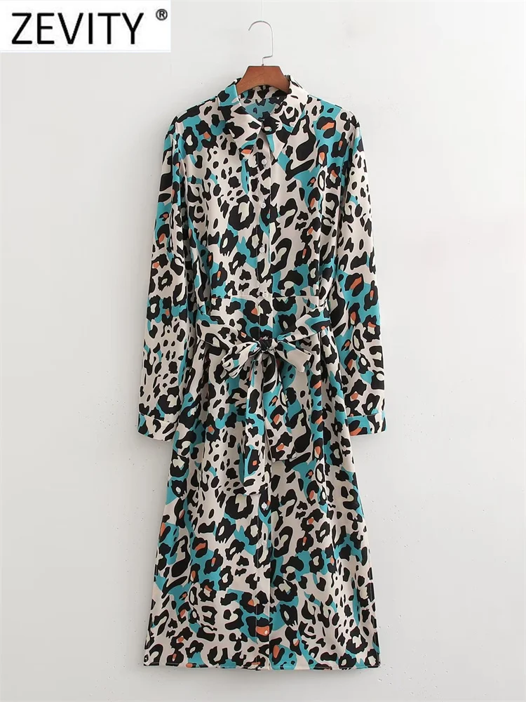 

Zevity Women Vintage Leopard Print Bow Sashes Casual Slim Midi Shirt Dress Female Chic Long Sleeve Business Vestidos DS3219