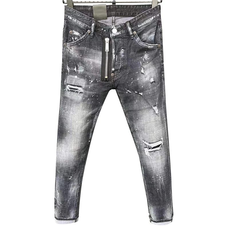 Starbags dsq four season jeans men's strong water wash hole paint dot hip hop casual fit elastic model fashion men's pants