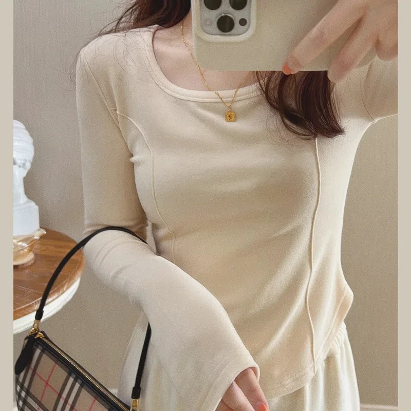 Yasuk Spring Winter Casual Pullover Women's Slim Simple Soft Warm Bottom Velvet With Chest Cushionv Thermal Underwear