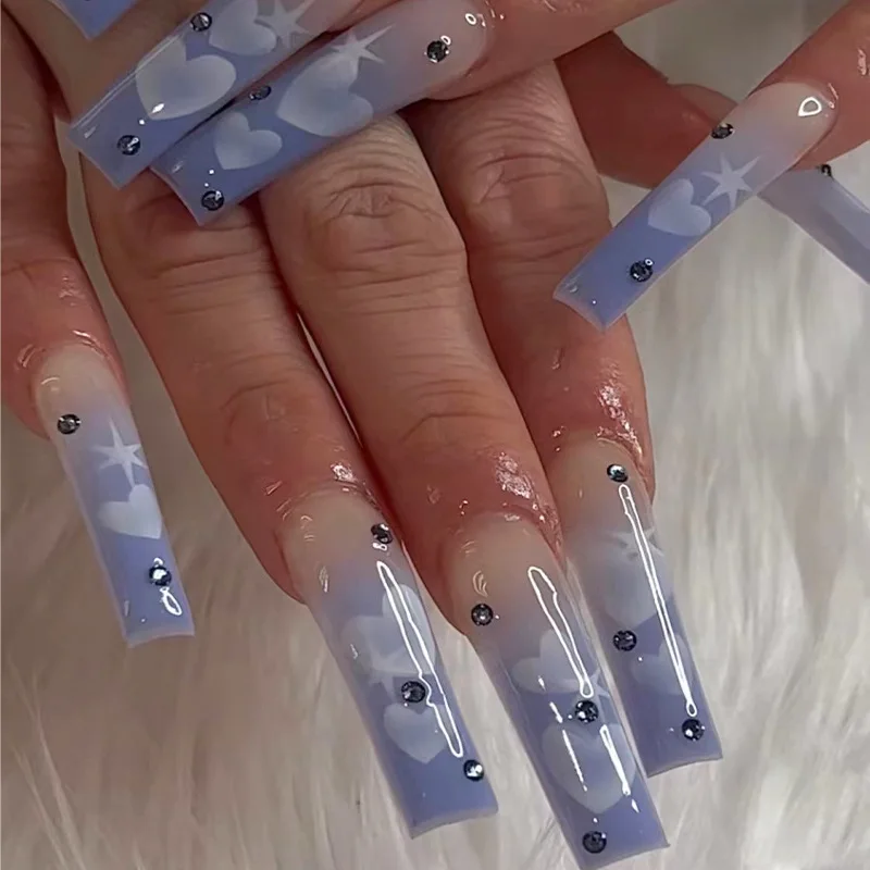 

Heart Rhinestones Fake Nails Set 24pcs/set Korean Style False Nails with Designs Nail Art Accesoires Nail Charms Professional