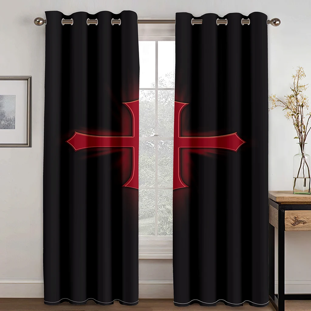 

Red Cross Luxury Living Room Hall Bedroom Curtains 50% Shading Decorative Grommet Window Curtain Modern Home Decor 2pc Black