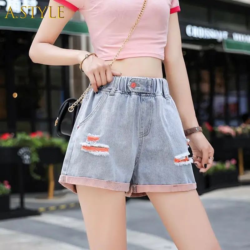 A GIRLS Shorts Women Summer Elastic Waist Hole Spliced Cuffs Denim Students Sweet Girls Harajuku Stylish Korean Style All-match