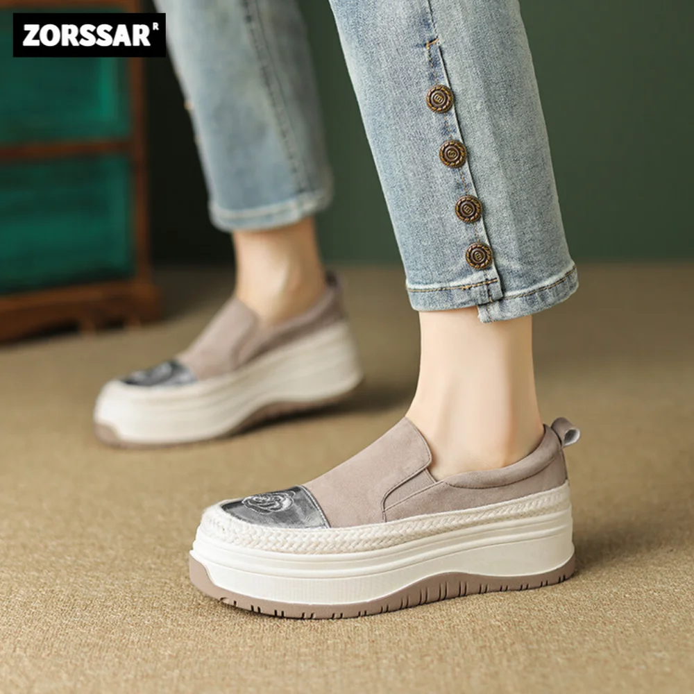 

2023 New Kid Suede High Heel Platform Comfort Women Sneakers Fashion Flower Thick Bottem Slip on Casual Women Vulcanize Shoes
